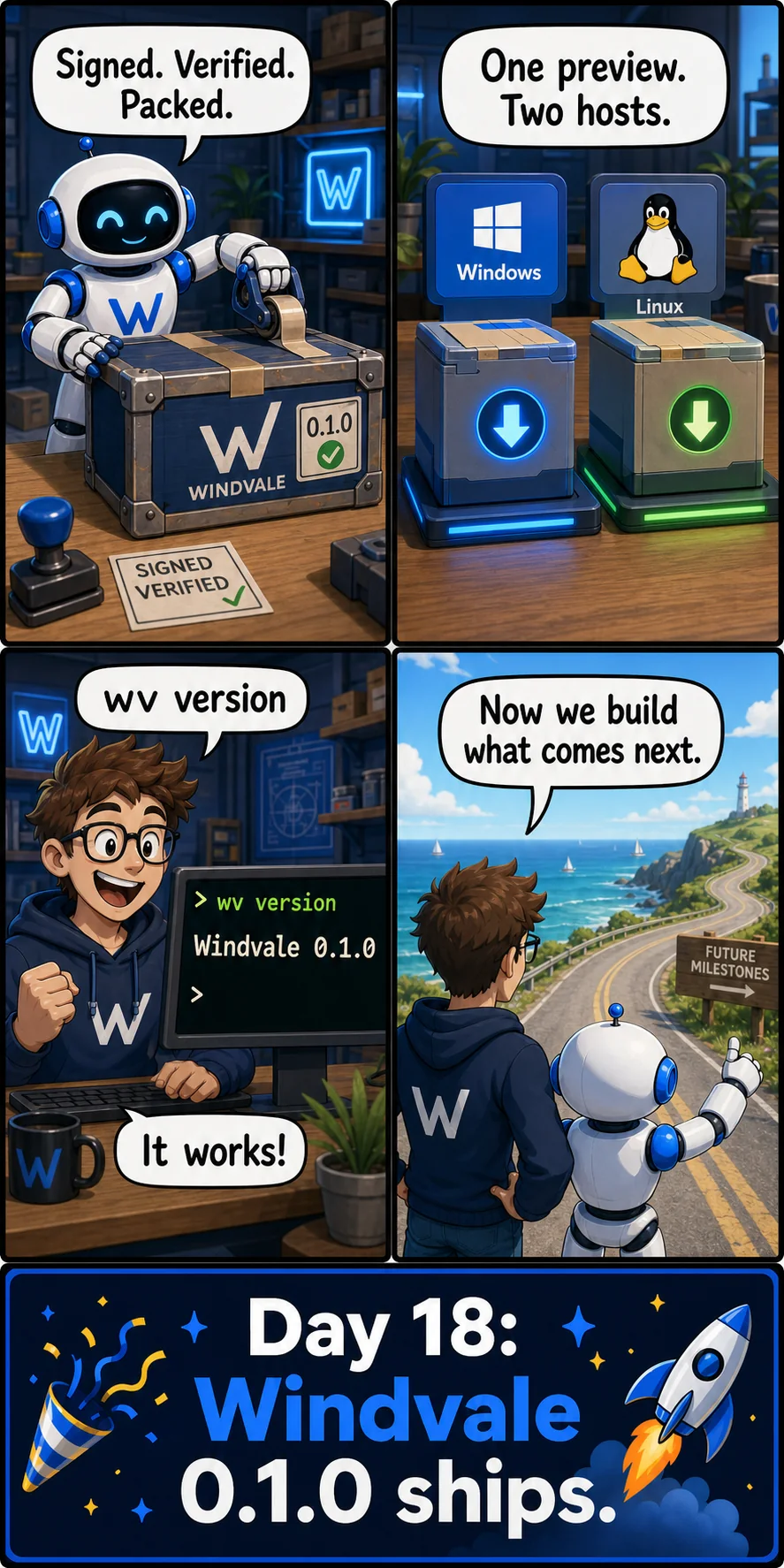 Four-panel Day 18 comic showing the signed Windvale 0.1.0 preview reaching Windows and Linux and running successfully.